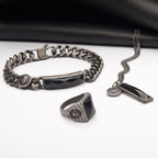 Matte Finish Gun Metal Ip With African Lion Sigil Faceted Black Agate Stone Signet Ring (fr25662gm)