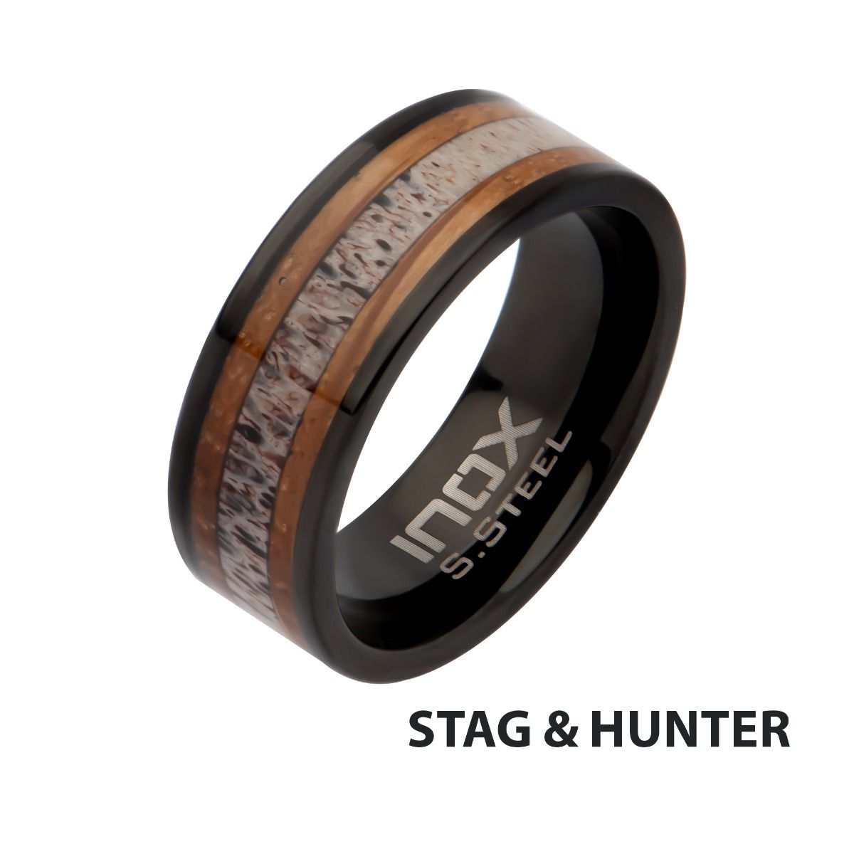 Black IP Stainless Steel Deer Antler Sapele Wood Inlay Stag Comfort Fit Ring