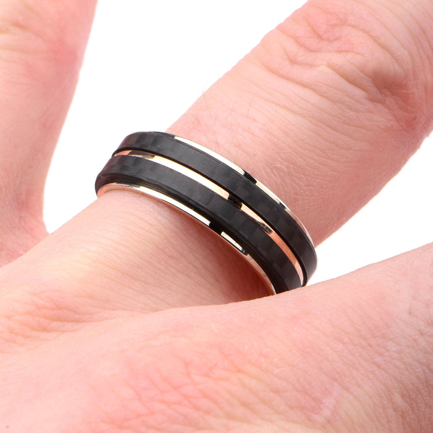 Rose Gold Ip With Line Solid Carbon Fiber Ring (frcf0992rg)