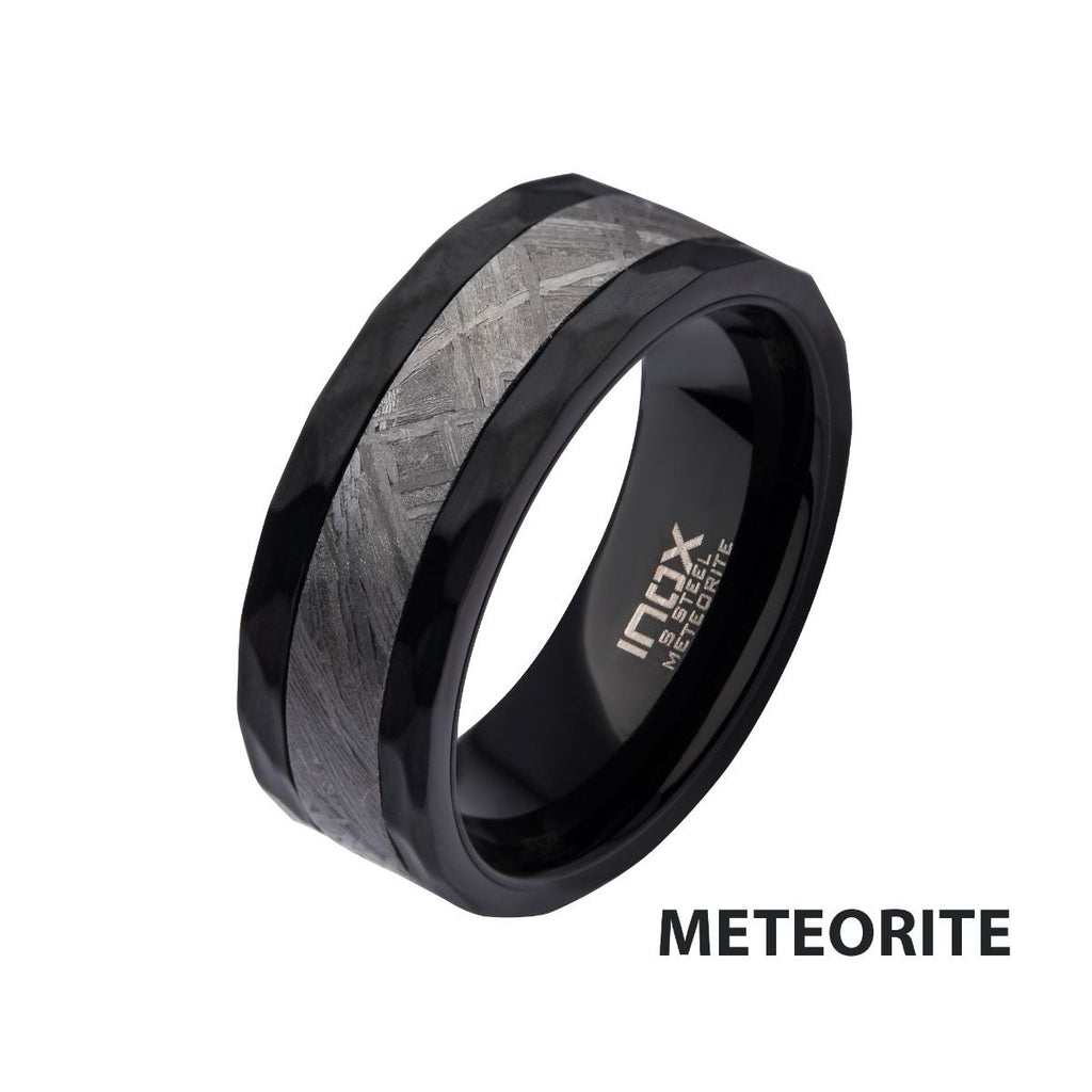 4mm Meteorite Inlay Black Ip Hammered Ring (frmt1379k)