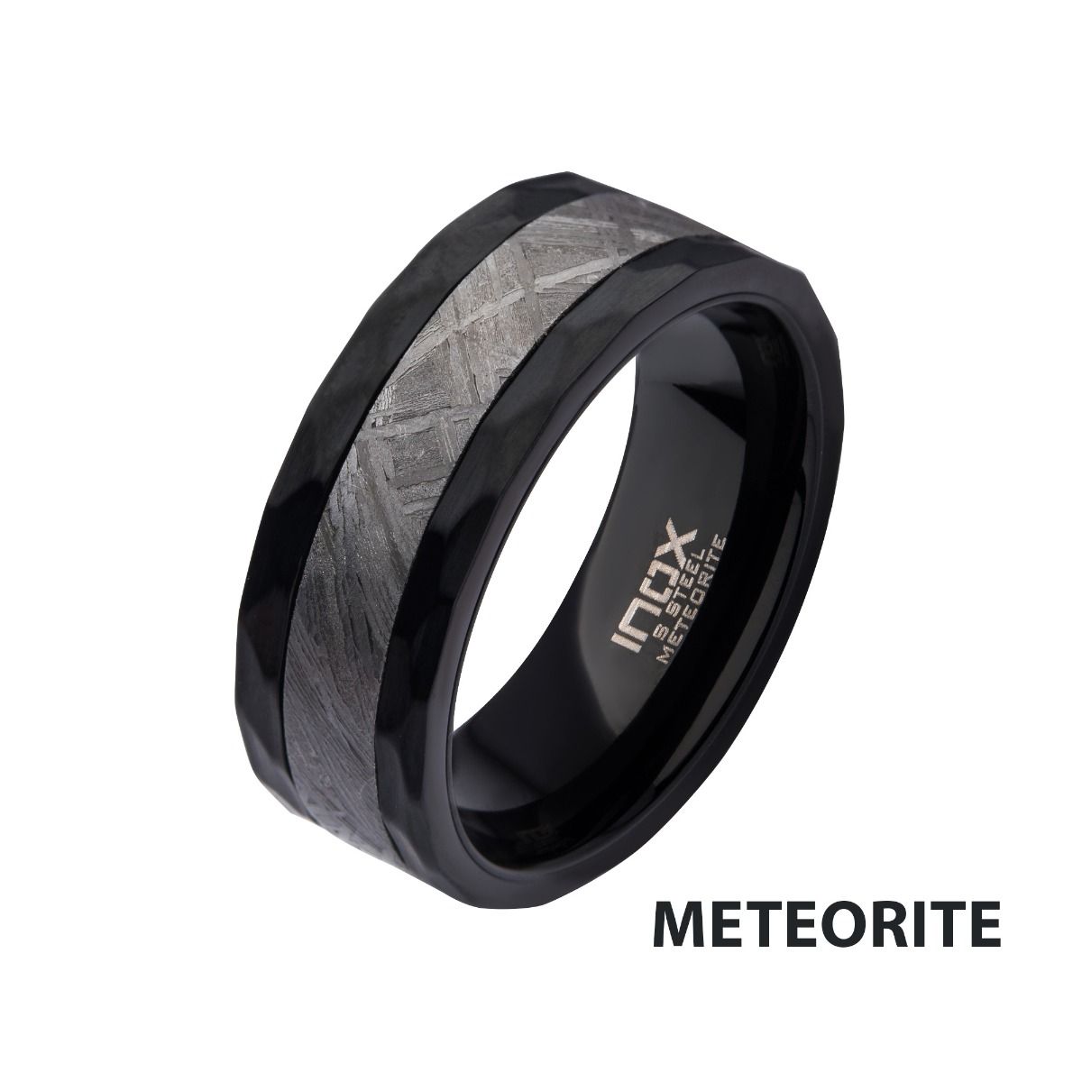 4mm Meteorite Inlay Black Ip Hammered Ring (frmt1379k)