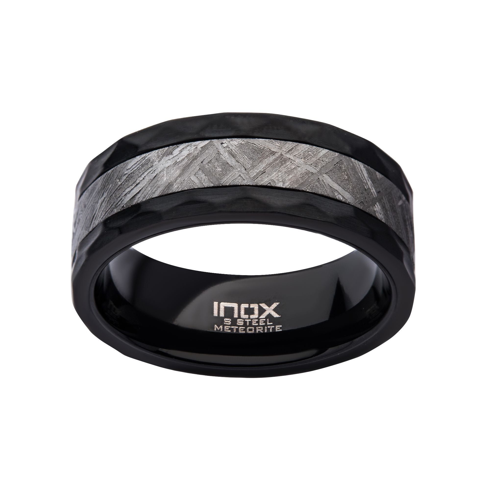 4mm Meteorite Inlay Black Ip Hammered Ring (frmt1379k)
