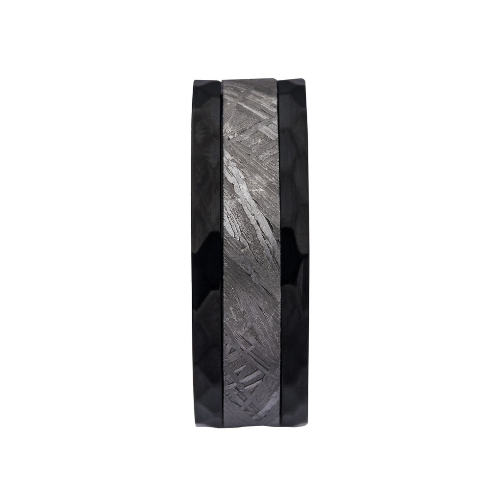 4mm Meteorite Inlay Black Ip Hammered Ring (frmt1379k)