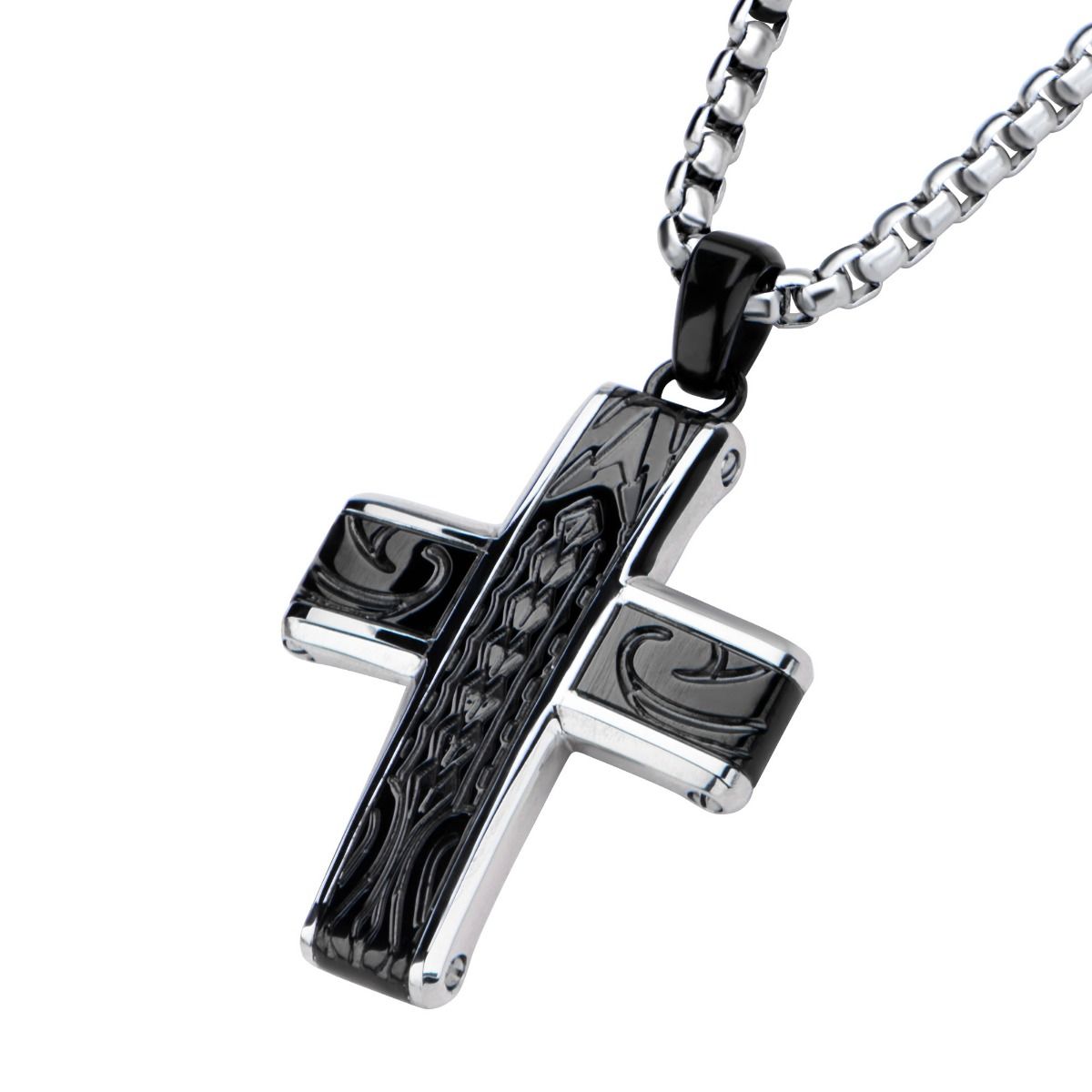Black IP Embossed Coin Stamped Pattern Pendant with Steel Box Chain (hbssp1504crnk1)