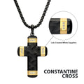 Matte Black Carved Steel Small Constantine Cross Pendant with 18Kt Gold IP Accents & Lab-Created White Sapphire