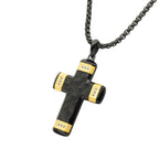 Matte Black Carved Steel Small Constantine Cross Pendant with 18Kt Gold IP Accents & Lab-Created White Sapphire