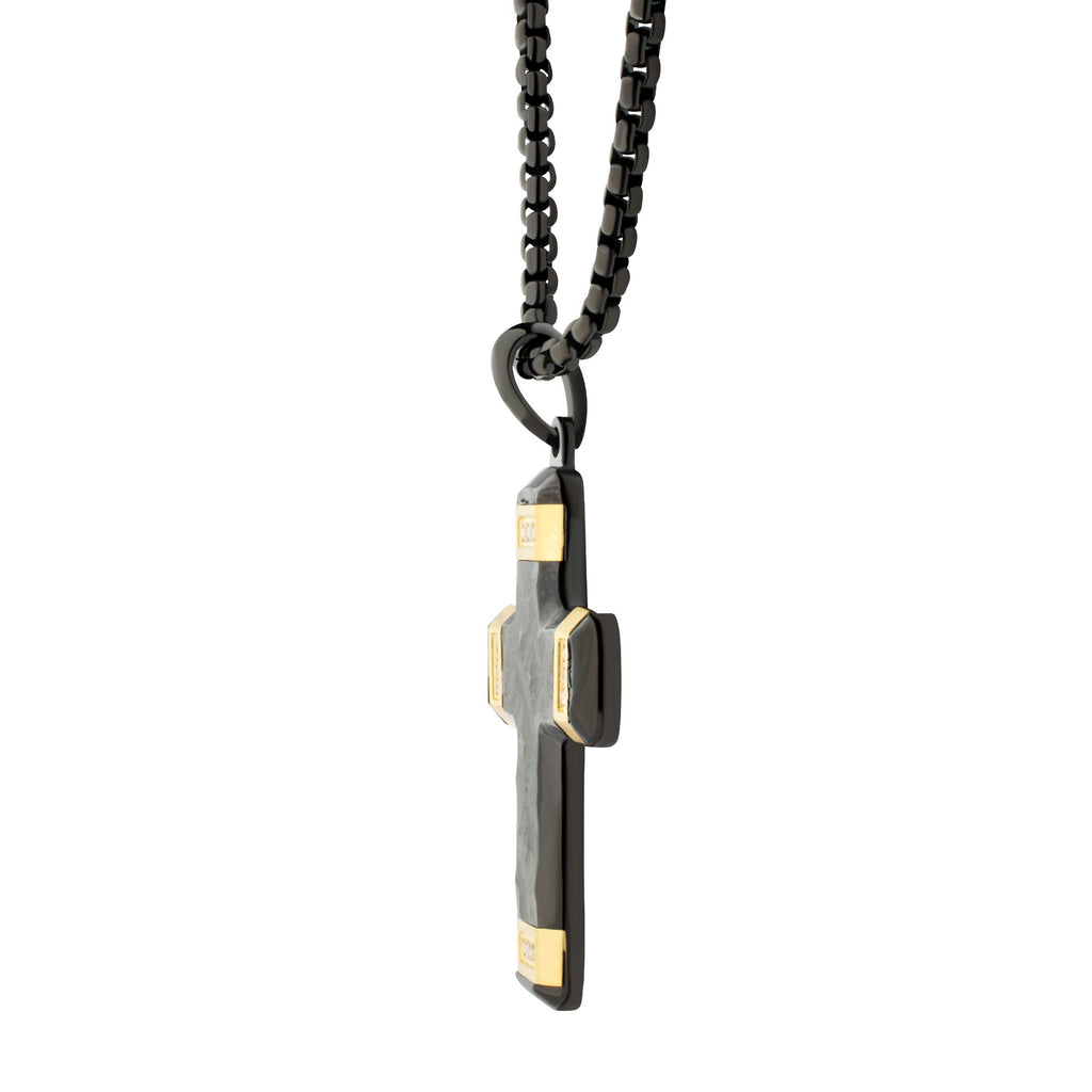 Matte Black Carved Steel Small Constantine Cross Pendant with 18Kt Gold IP Accents & Lab-Created White Sapphire