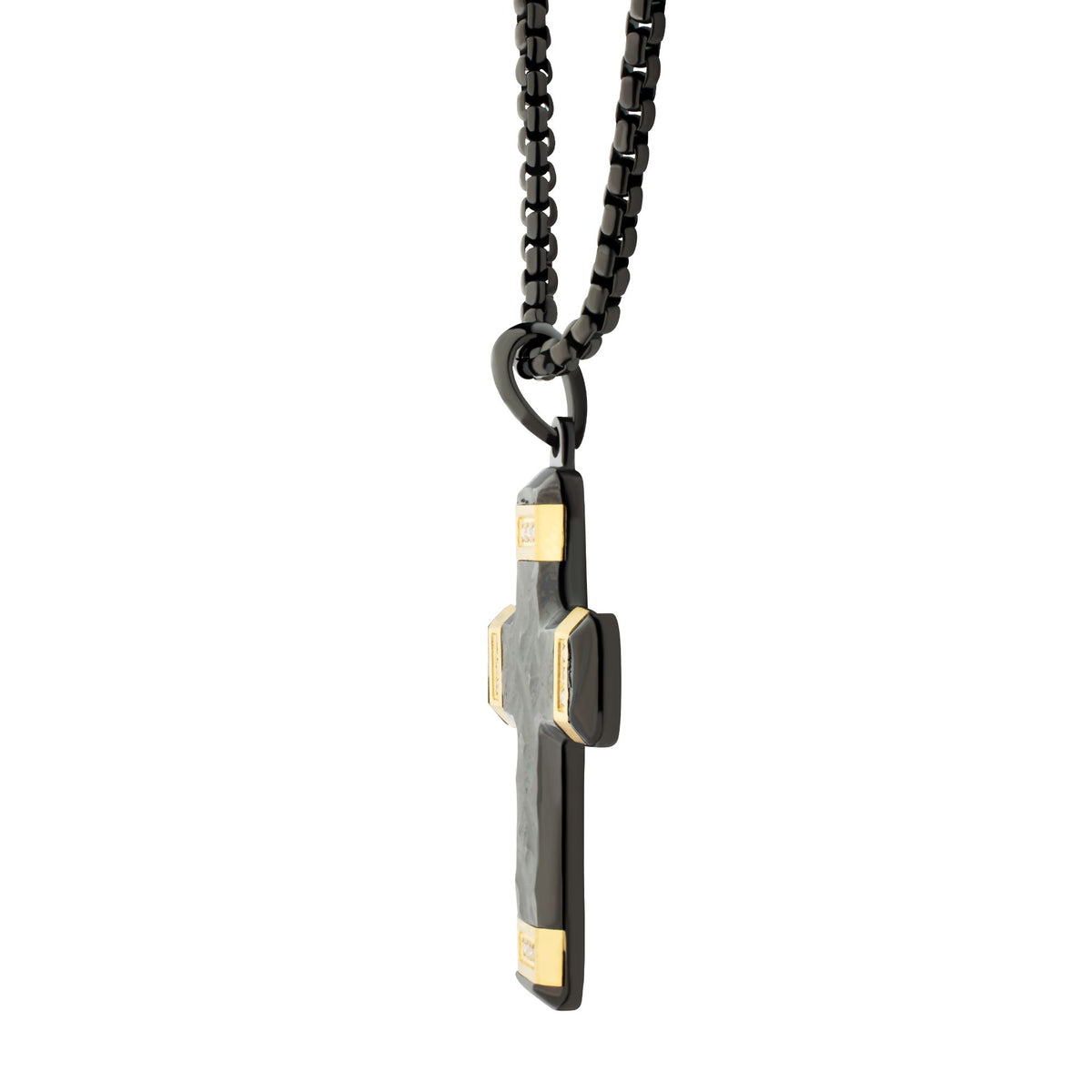 Matte Black Carved Steel Small Constantine Cross Pendant with 18Kt Gold IP Accents & Lab-Created White Sapphire