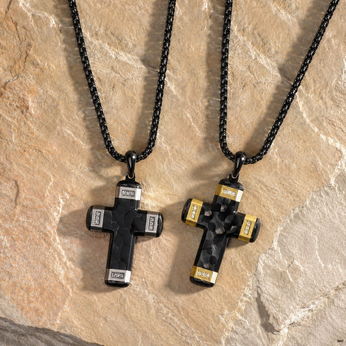 Matte Black Carved Steel Small Constantine Cross Pendant with 18Kt Gold IP Accents & Lab-Created White Sapphire