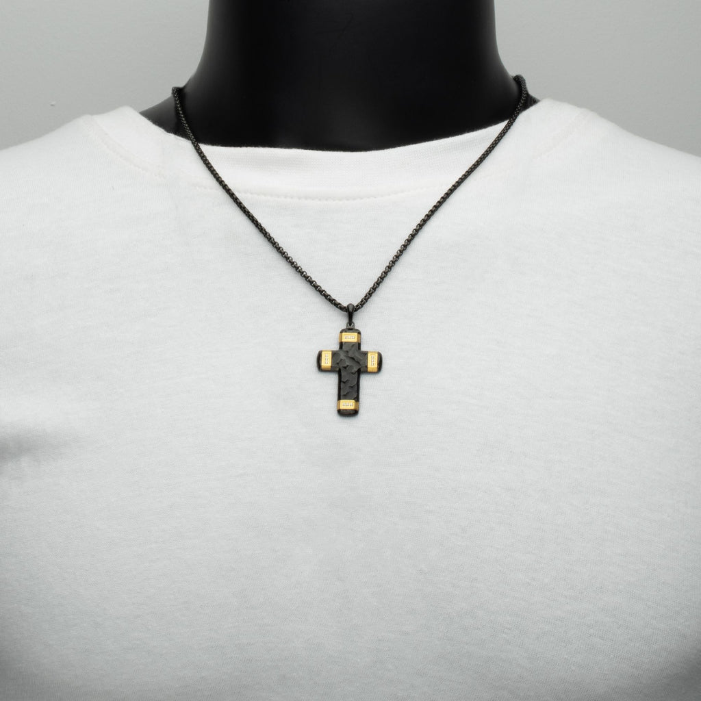 Matte Black Carved Steel Small Constantine Cross Pendant with 18Kt Gold IP Accents & Lab-Created White Sapphire
