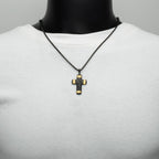 Matte Black Carved Steel Small Constantine Cross Pendant with 18Kt Gold IP Accents & Lab-Created White Sapphire
