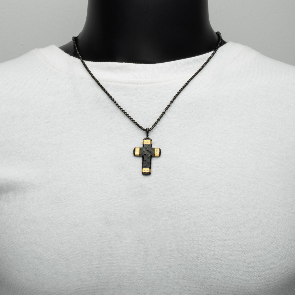 Matte Black Carved Steel Small Constantine Cross Pendant with 18Kt Gold IP Accents & Lab-Created White Sapphire