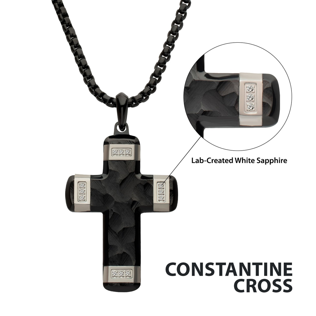 Matte Black Carved Steel Small Constantine Cross Pendant with Steel Accents & Lab-Created White Sapphire