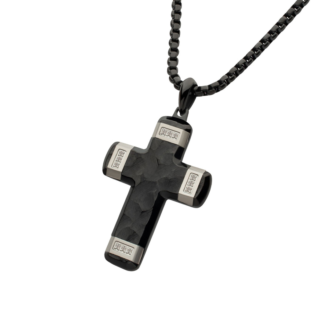 Matte Black Carved Steel Small Constantine Cross Pendant with Steel Accents & Lab-Created White Sapphire