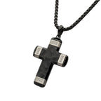 Matte Black Carved Steel Small Constantine Cross Pendant with Steel Accents & Lab-Created White Sapphire