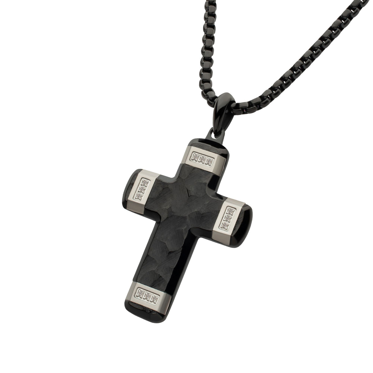 Matte Black Carved Steel Small Constantine Cross Pendant with Steel Accents & Lab-Created White Sapphire