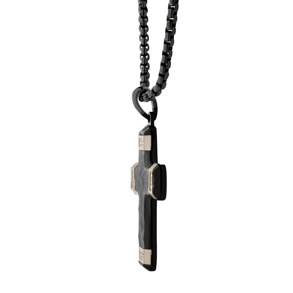 Matte Black Carved Steel Small Constantine Cross Pendant with Steel Accents & Lab-Created White Sapphire