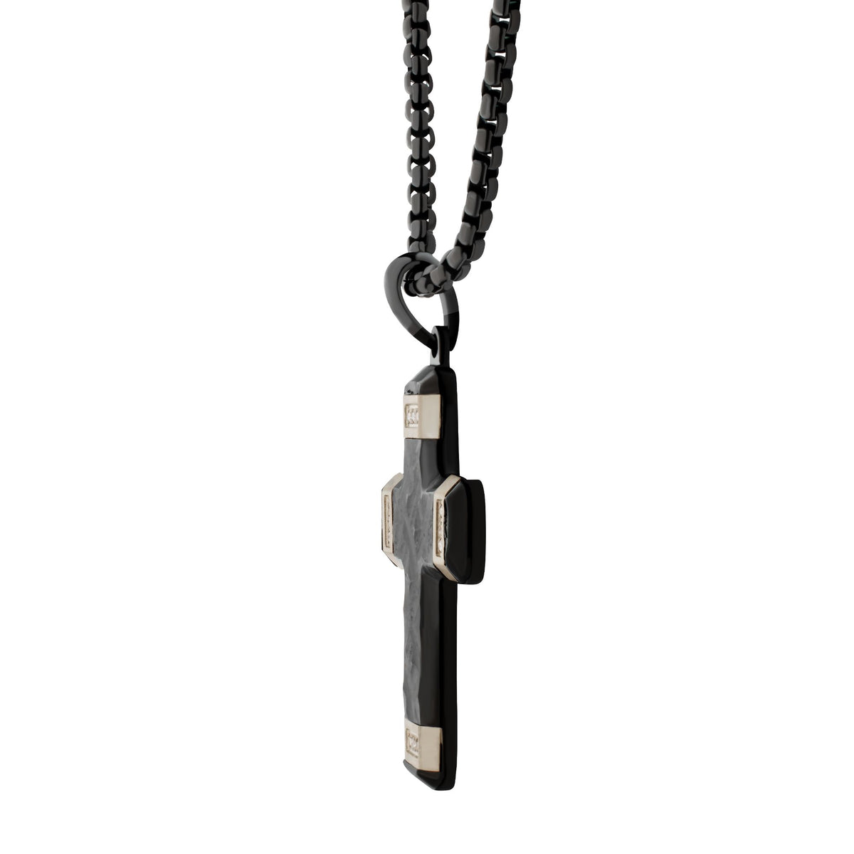 Matte Black Carved Steel Small Constantine Cross Pendant with Steel Accents & Lab-Created White Sapphire