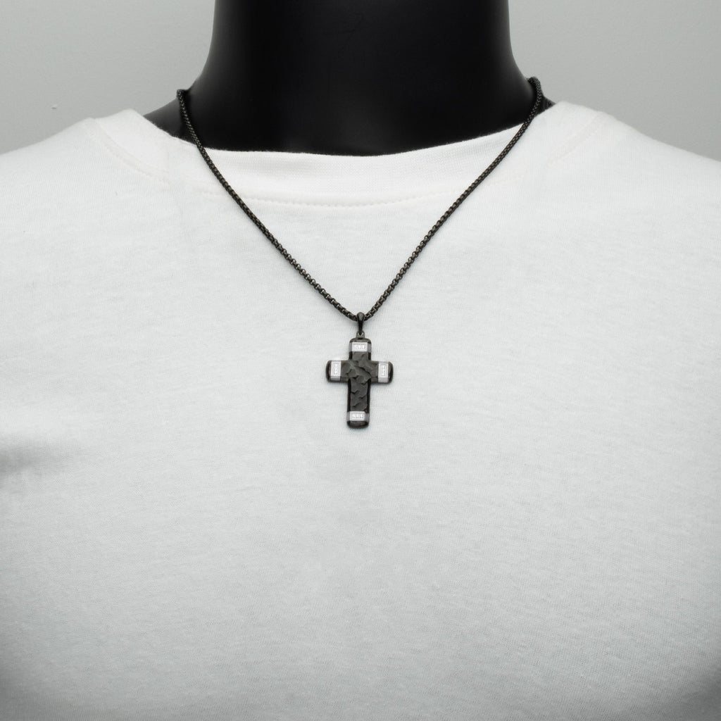Matte Black Carved Steel Small Constantine Cross Pendant with Steel Accents & Lab-Created White Sapphire