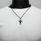 Matte Black Carved Steel Small Constantine Cross Pendant with Steel Accents & Lab-Created White Sapphire