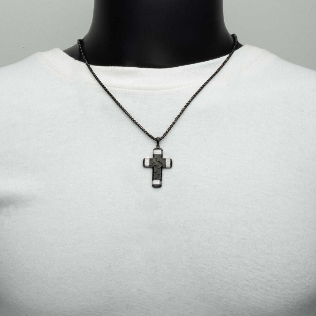 Matte Black Carved Steel Small Constantine Cross Pendant with Steel Accents & Lab-Created White Sapphire