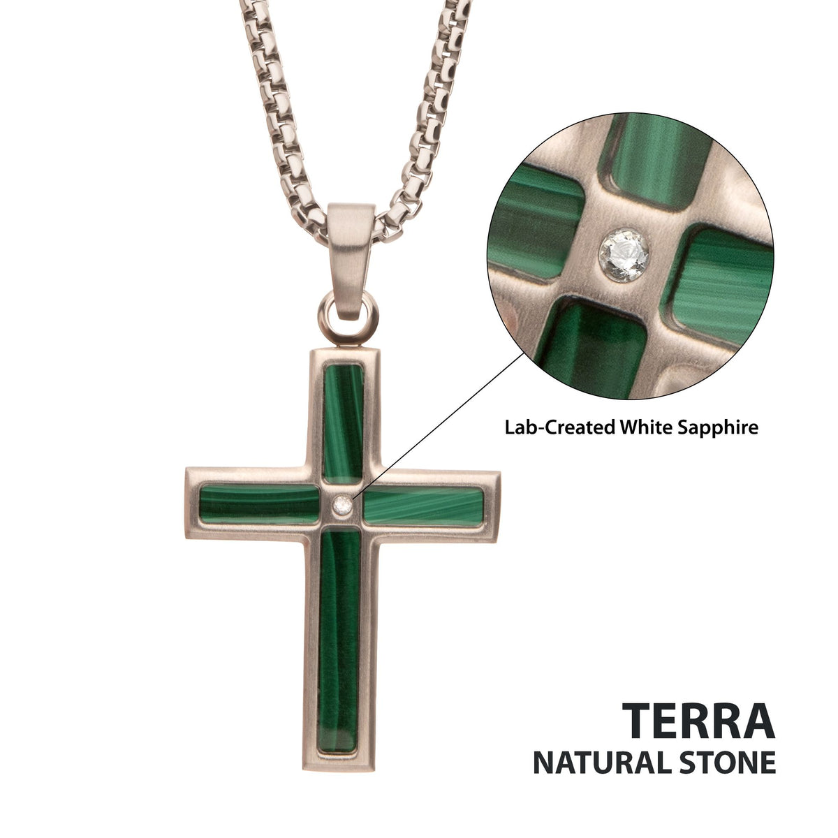 Matte Steel Malachite Stone Inlay with Lab-Created White Sapphire Terra Cross Pendant