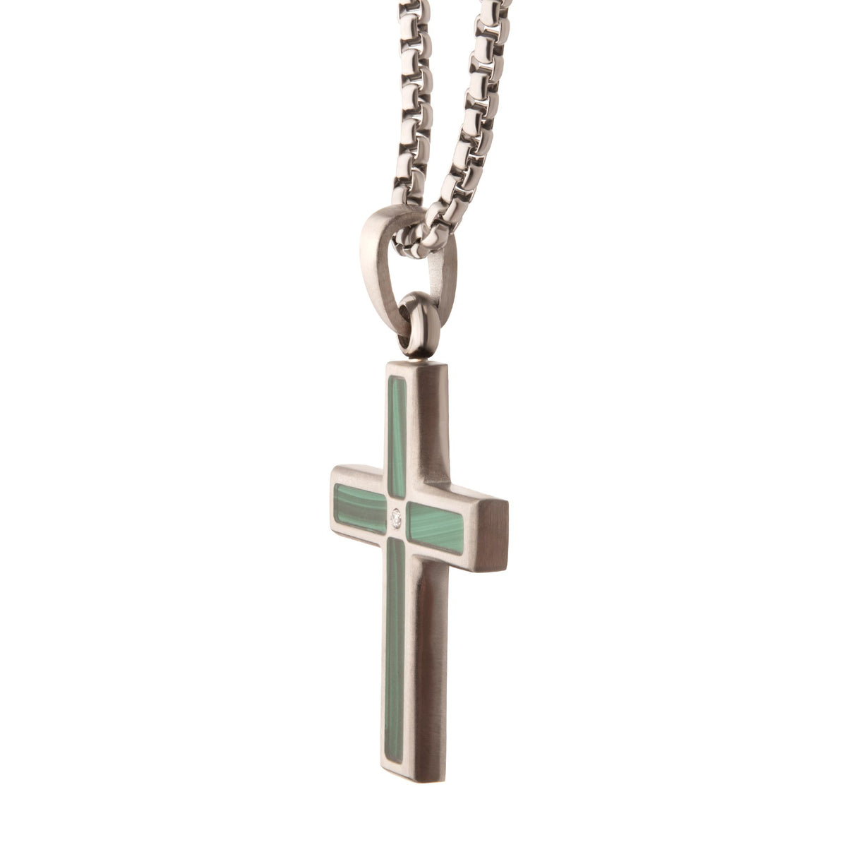Matte Steel Malachite Stone Inlay with Lab-Created White Sapphire Terra Cross Pendant
