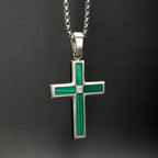 Matte Steel Malachite Stone Inlay with Lab-Created White Sapphire Terra Cross Pendant