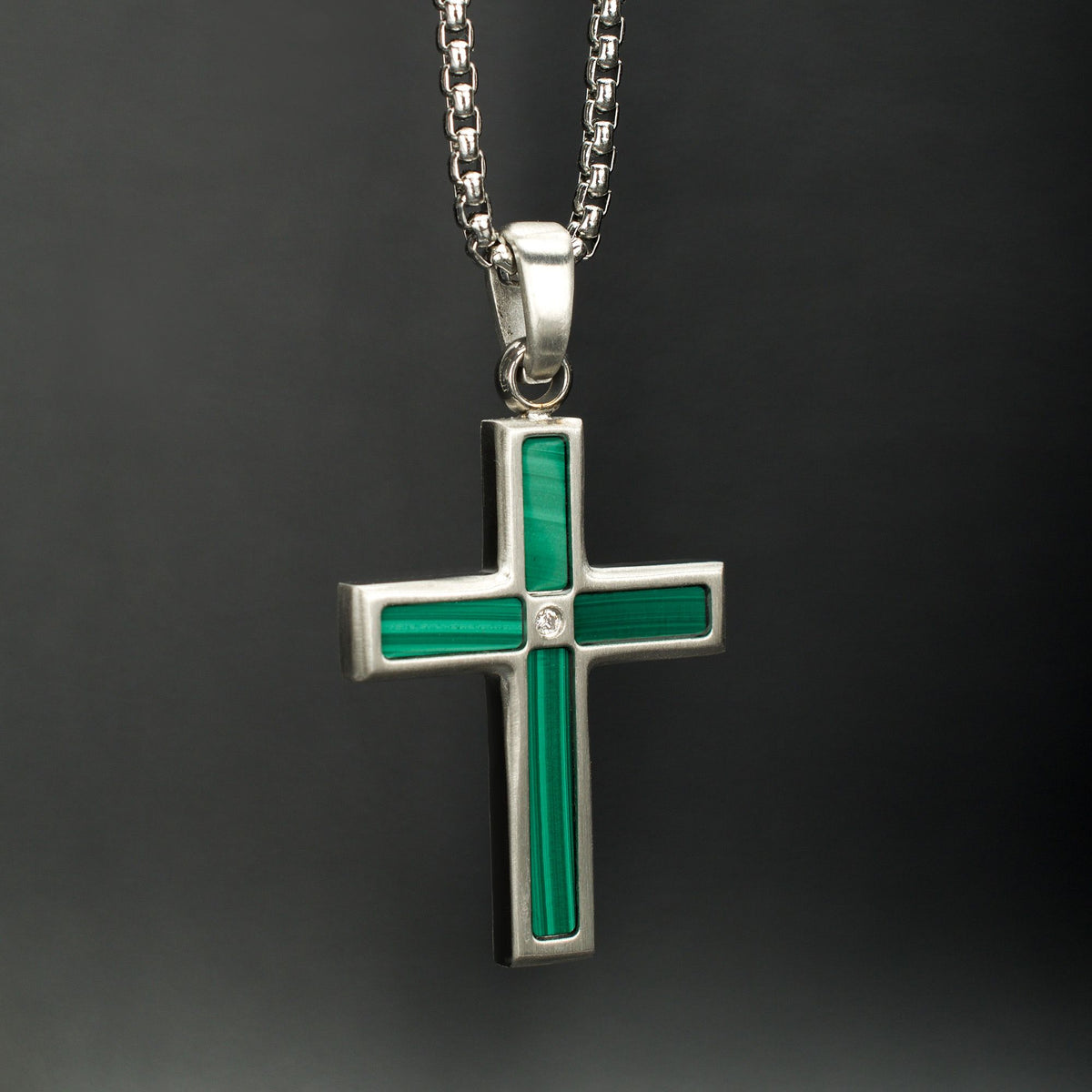 Matte Steel Malachite Stone Inlay with Lab-Created White Sapphire Terra Cross Pendant