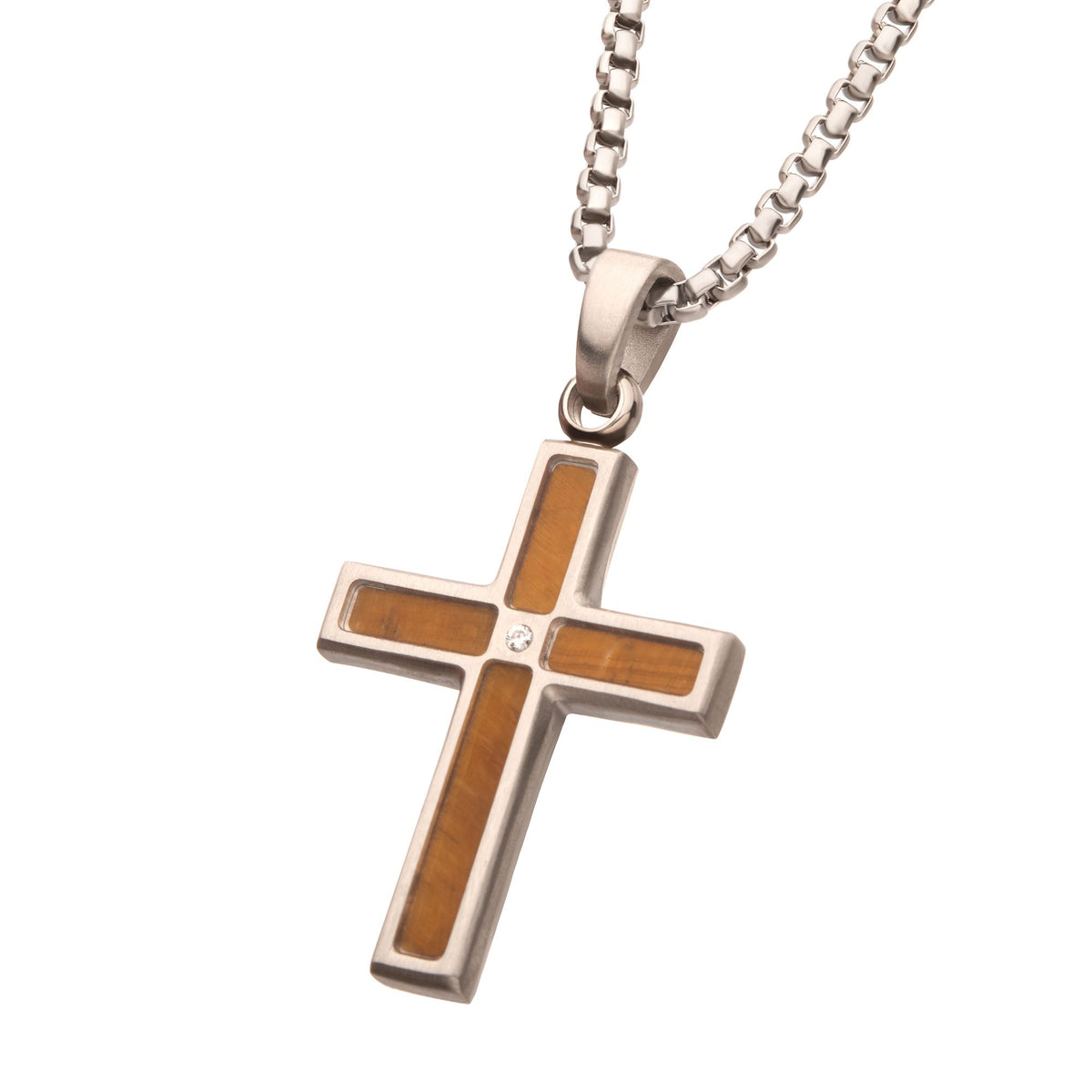Matte Steel Tiger Eye Stone Inlay with Lab-Created White Sapphire Terra Cross Pendant