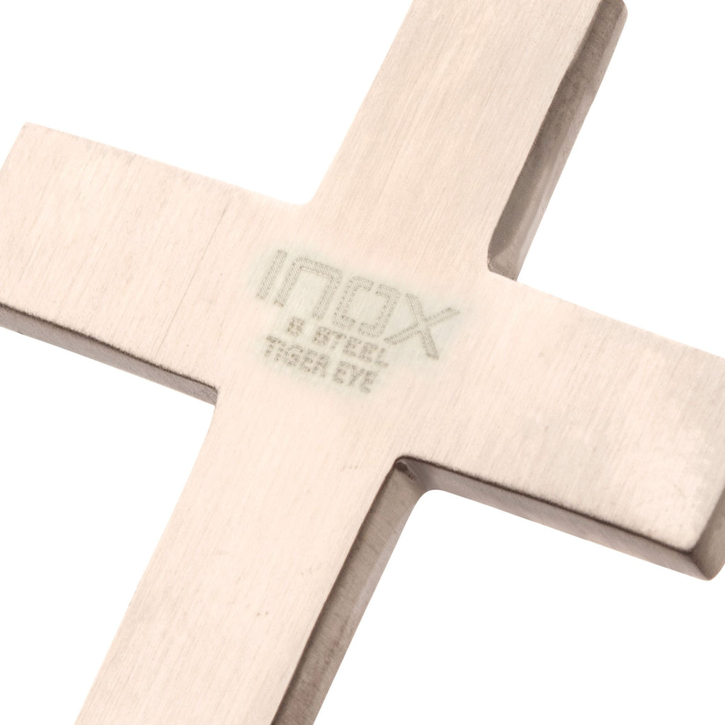 Matte Steel Tiger Eye Stone Inlay with Lab-Created White Sapphire Terra Cross Pendant