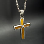 Matte Steel Tiger Eye Stone Inlay with Lab-Created White Sapphire Terra Cross Pendant