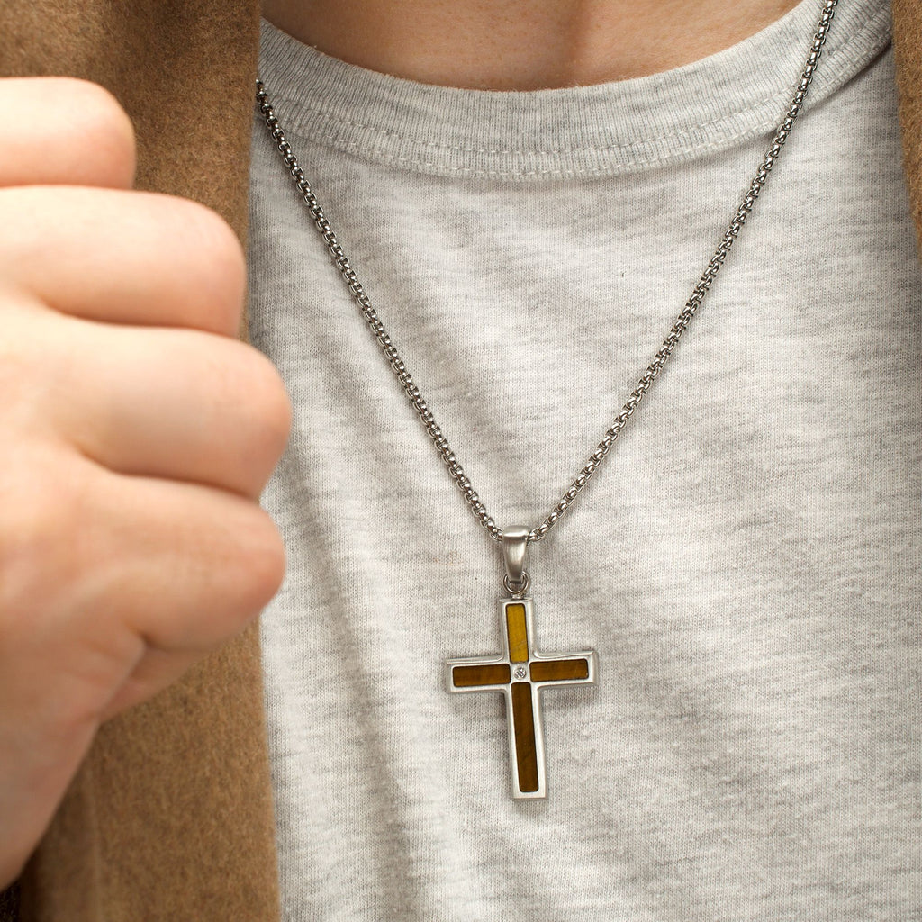 Matte Steel Tiger Eye Stone Inlay with Lab-Created White Sapphire Terra Cross Pendant