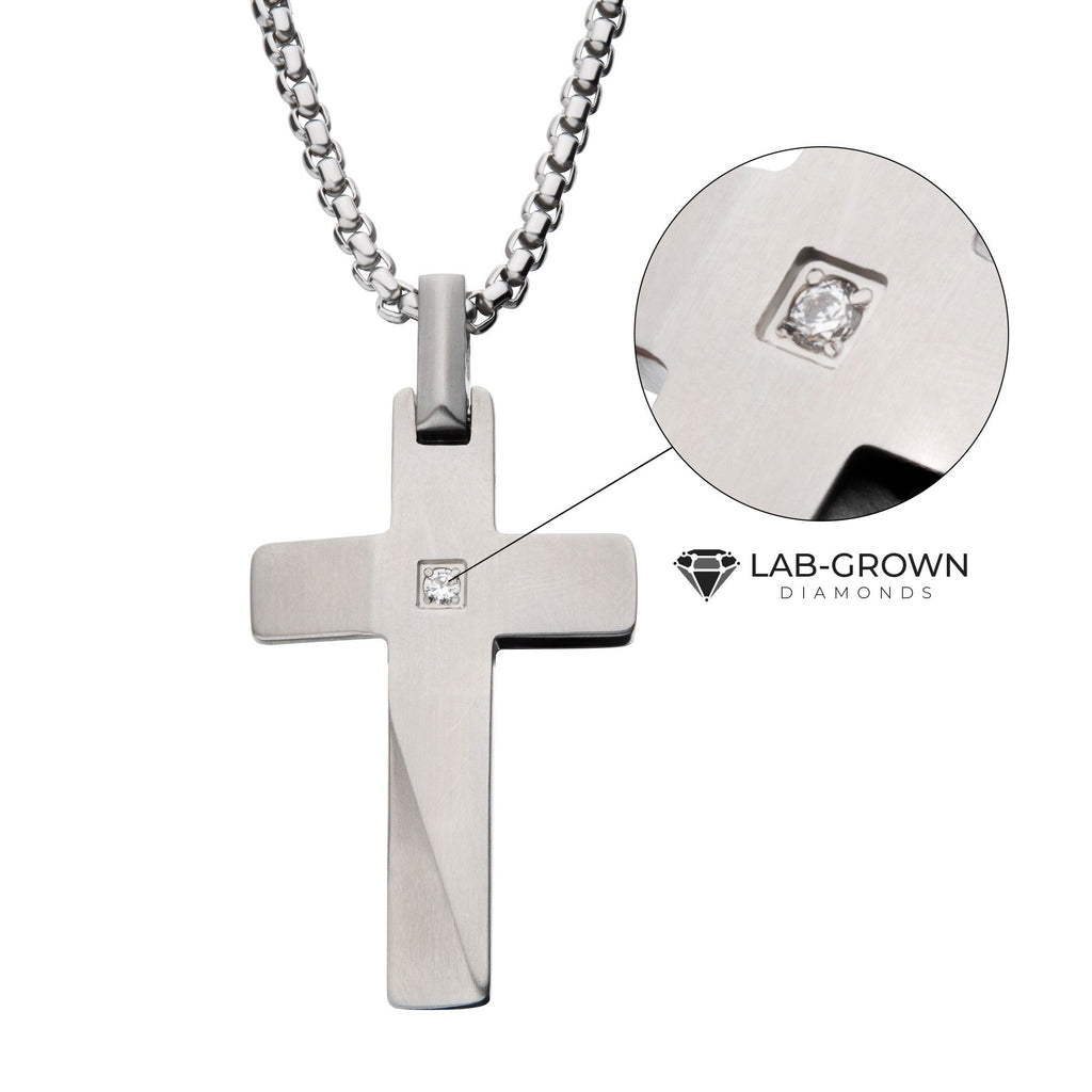 Stainless Steel Lab-Grown Diamond Matte Finish Beveled Cross Pendant with Box Chain (lgdssp23154nk)