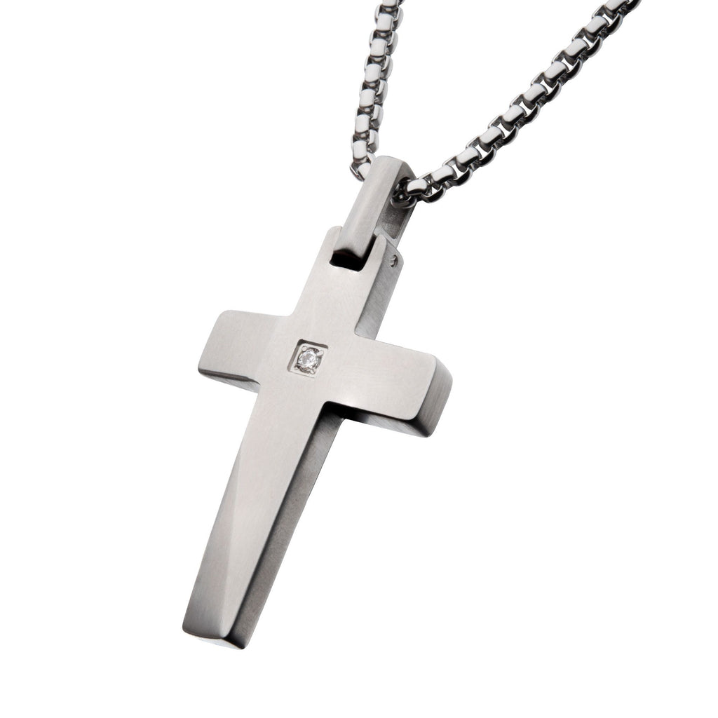 Stainless Steel Lab-Grown Diamond Matte Finish Beveled Cross Pendant with Box Chain (lgdssp23154nk)