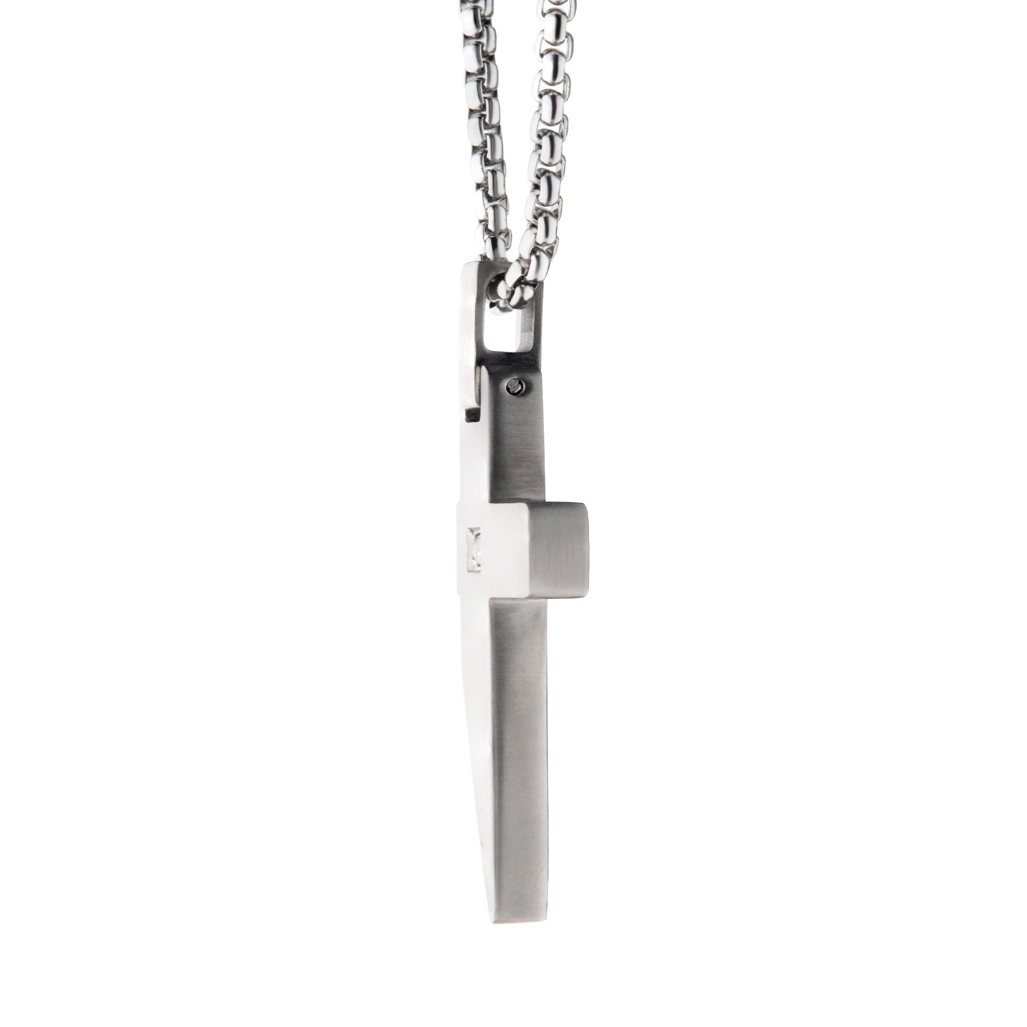 Stainless Steel Lab-Grown Diamond Matte Finish Beveled Cross Pendant with Box Chain (lgdssp23154nk)