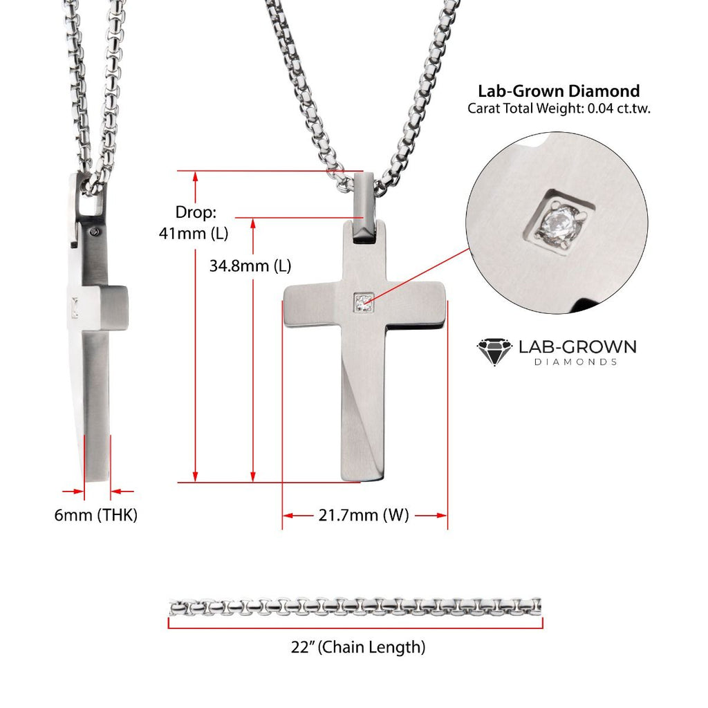 Stainless Steel Lab-Grown Diamond Matte Finish Beveled Cross Pendant with Box Chain (lgdssp23154nk)