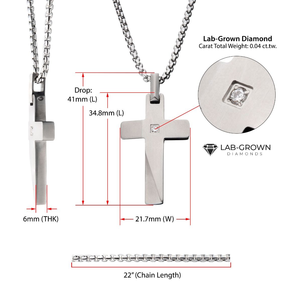 Stainless Steel Lab-Grown Diamond Matte Finish Beveled Cross Pendant with Box Chain (lgdssp23154nk)