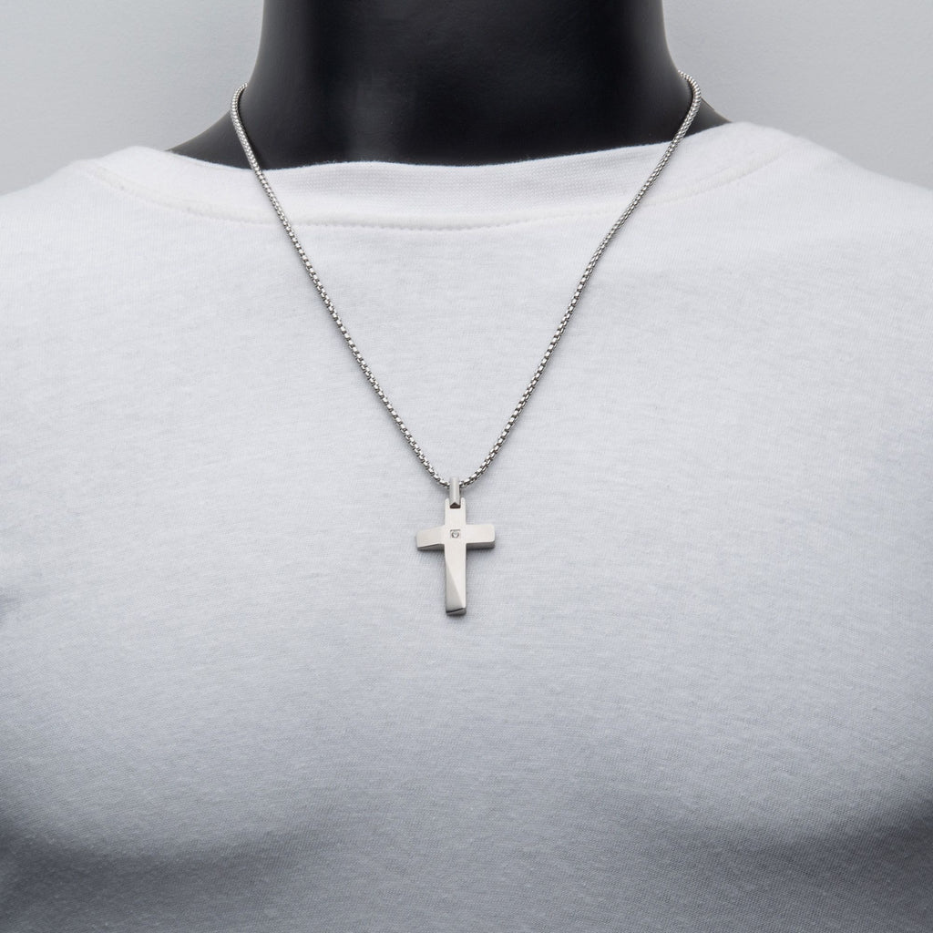 Stainless Steel Lab-Grown Diamond Matte Finish Beveled Cross Pendant with Box Chain (lgdssp23154nk)