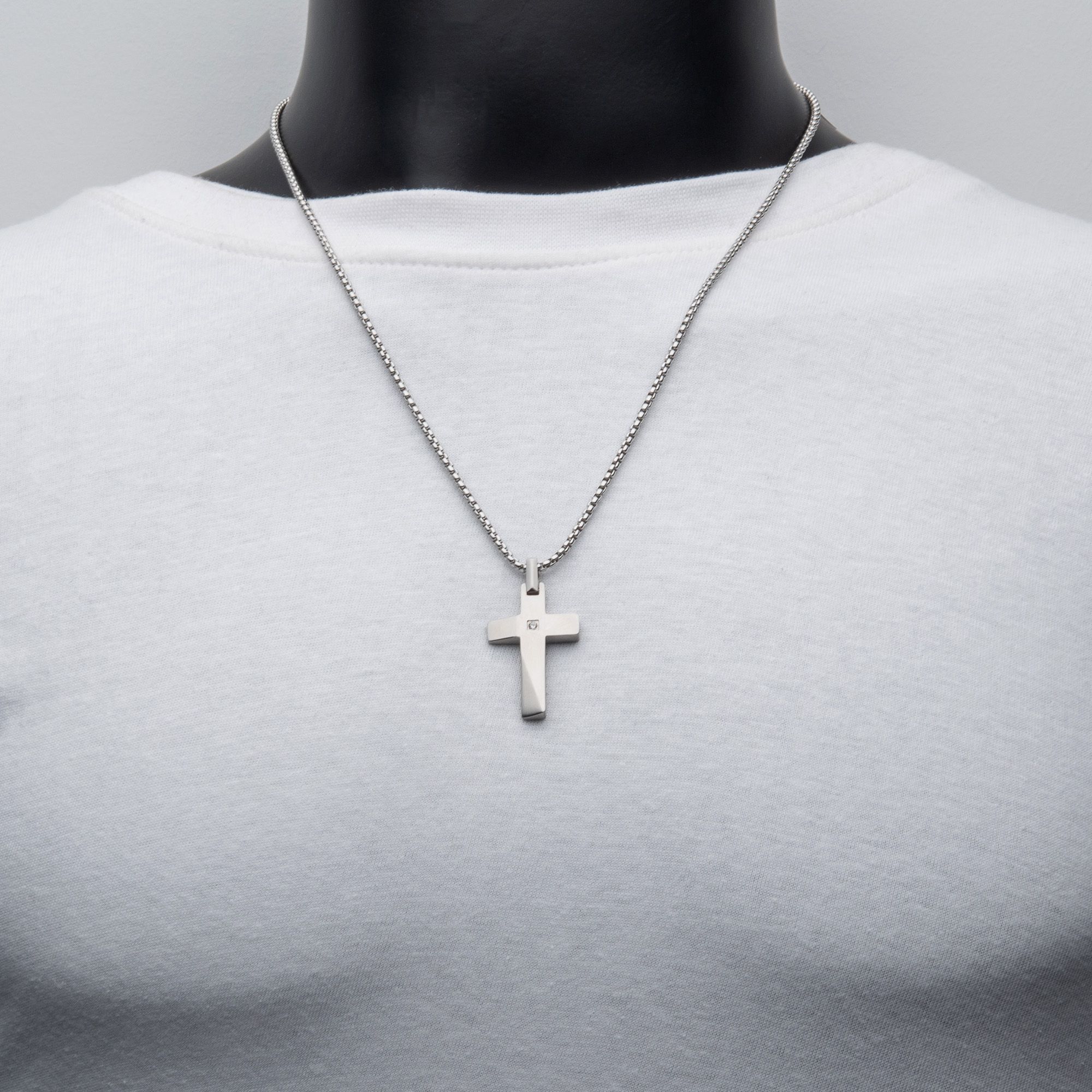 Stainless Steel Lab-Grown Diamond Matte Finish Beveled Cross Pendant with Box Chain (lgdssp23154nk)