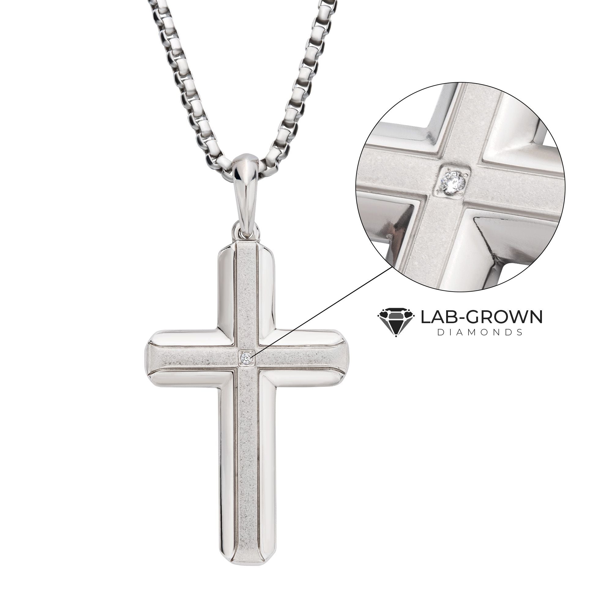 Stainless Steel Lab-Grown Diamond Brushed Finish Cross Pendant (lgdssp683nk)