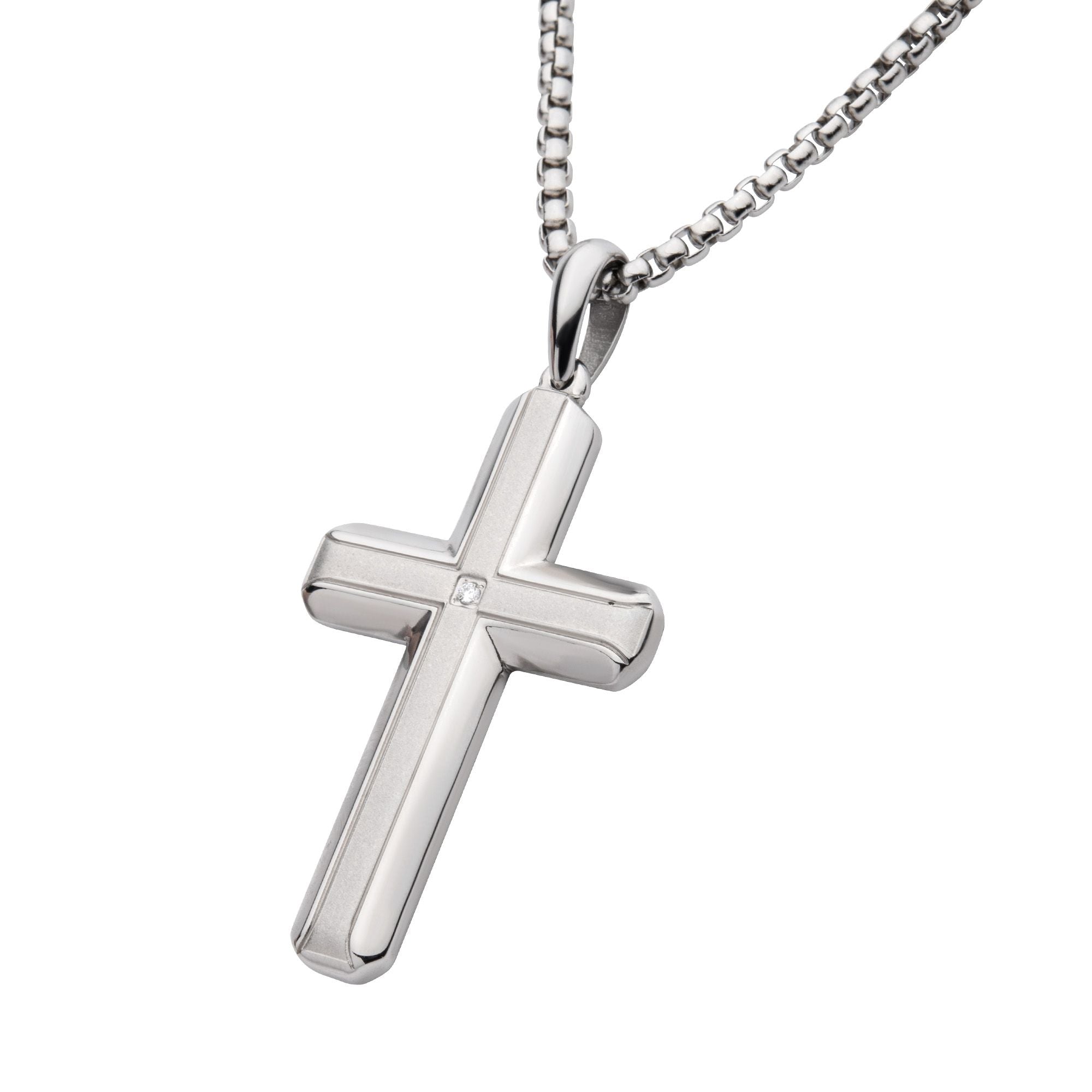 Stainless Steel Lab-Grown Diamond Brushed Finish Cross Pendant (lgdssp683nk)