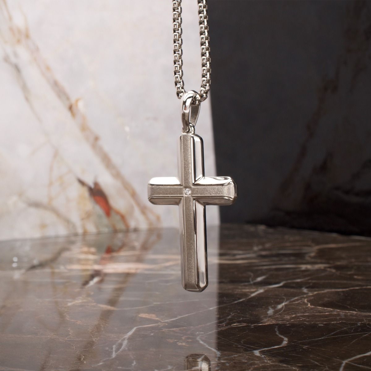 Stainless Steel Lab-Grown Diamond Brushed Finish Cross Pendant (lgdssp683nk)