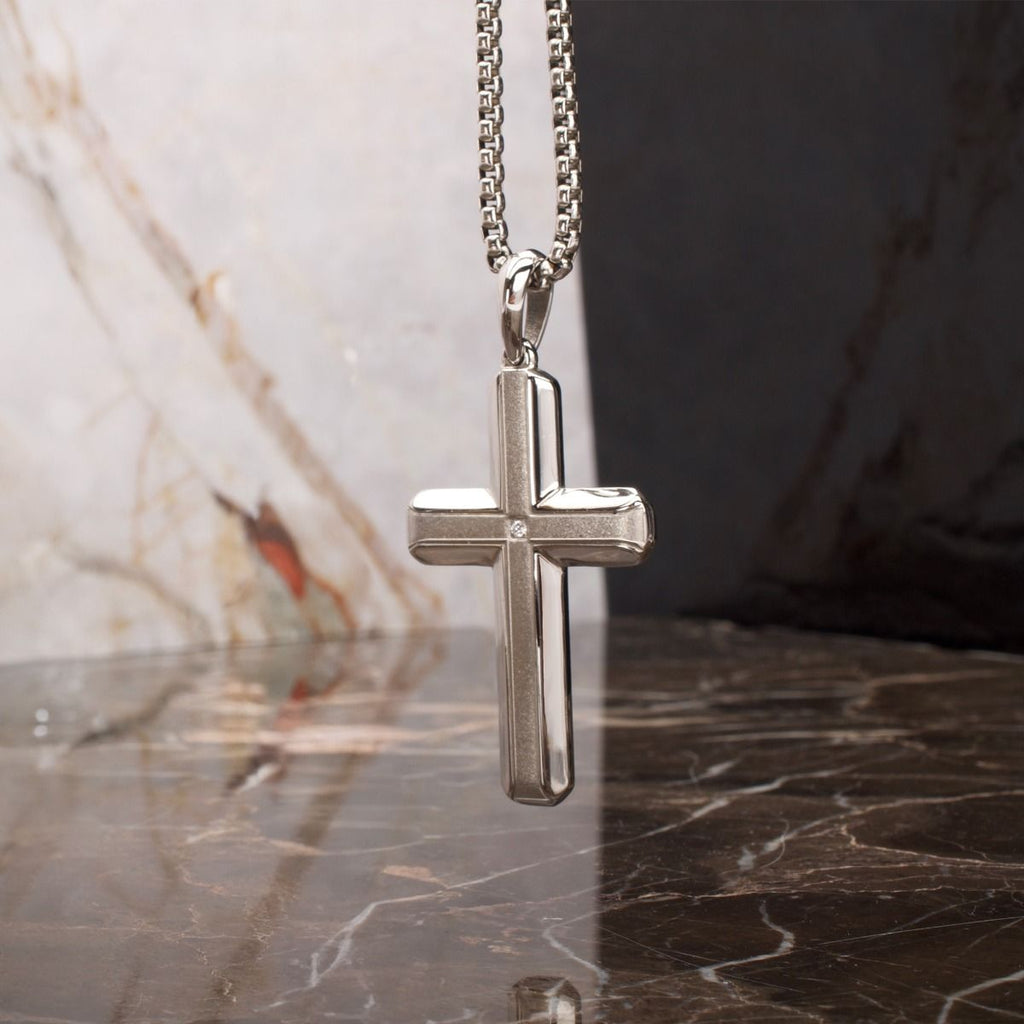 Stainless Steel Lab-Grown Diamond Brushed Finish Cross Pendant (lgdssp683nk)
