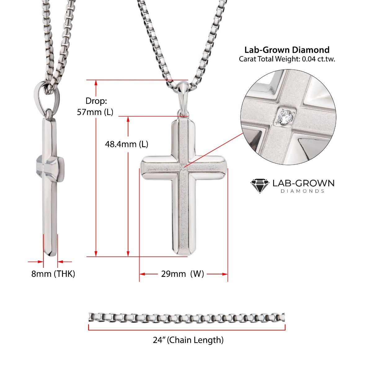 Stainless Steel Lab-Grown Diamond Brushed Finish Cross Pendant (lgdssp683nk)