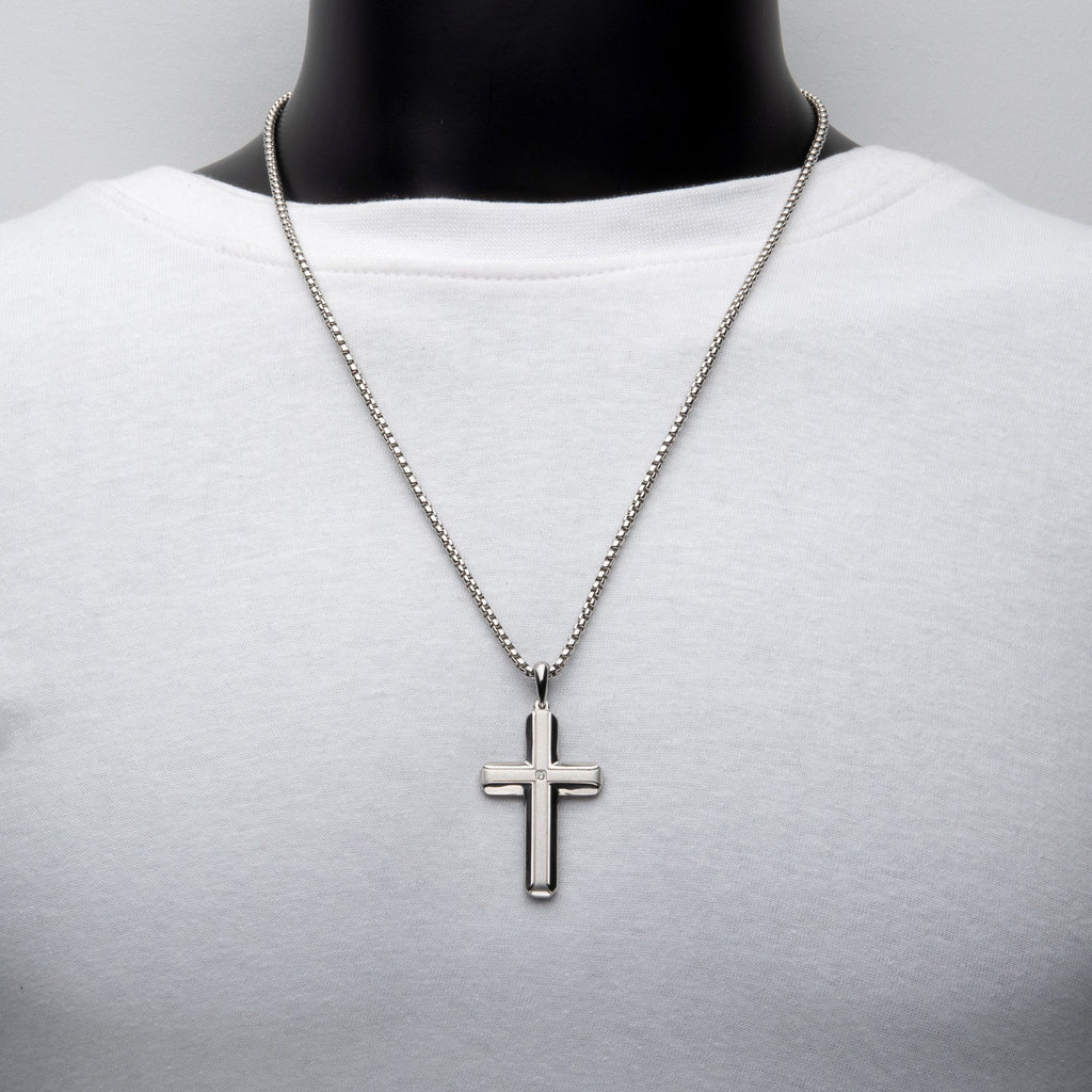 Stainless Steel Lab-Grown Diamond Brushed Finish Cross Pendant (lgdssp683nk)