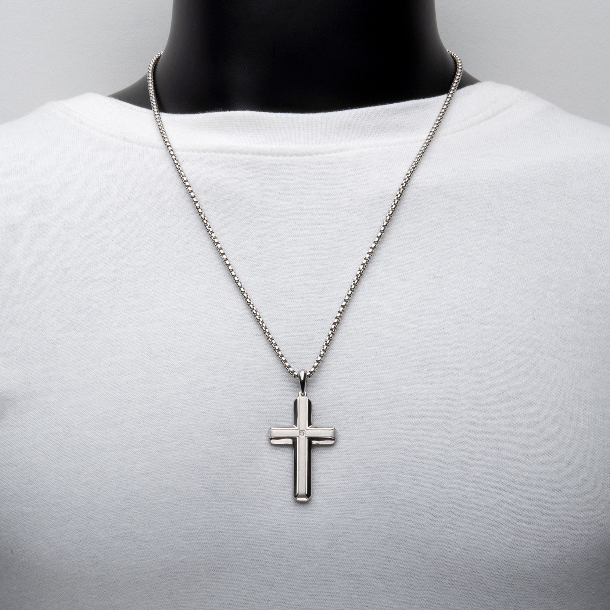 Stainless Steel Lab-Grown Diamond Brushed Finish Cross Pendant (lgdssp683nk)