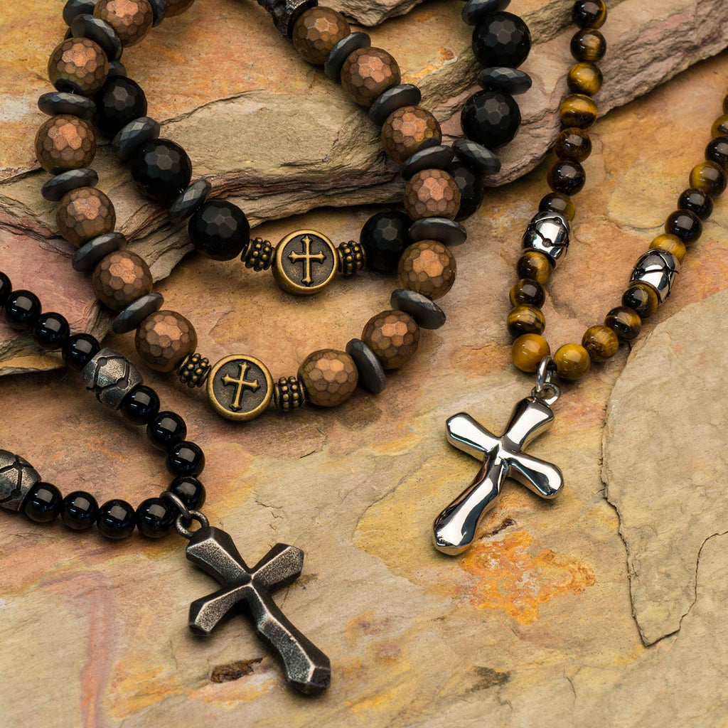 Tiger Eye Beads With Steel Cross Pendant Necklace (nkra620te)