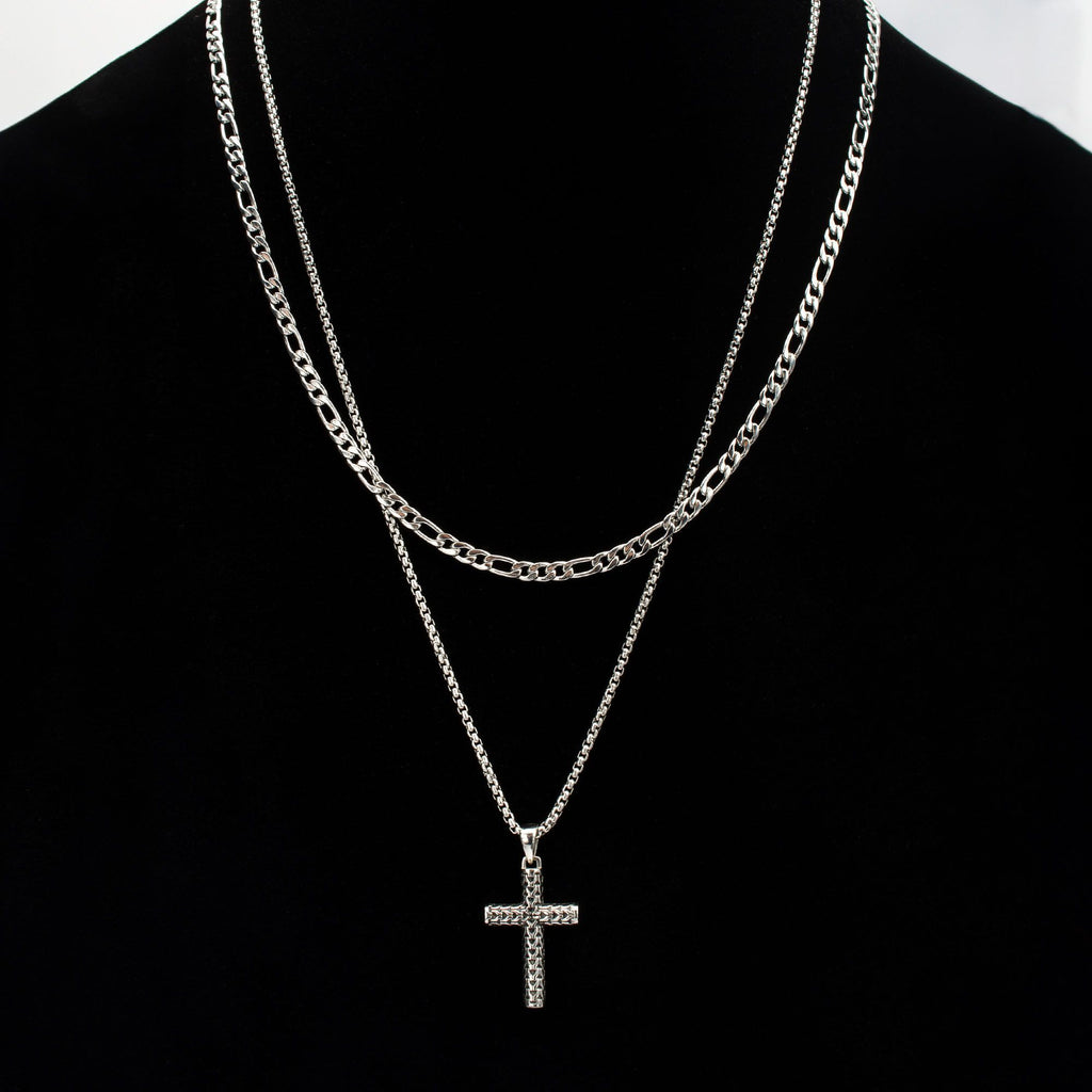 steel Scale Cross Drop Pendant With Bold Box Chain (ssp146651nk)