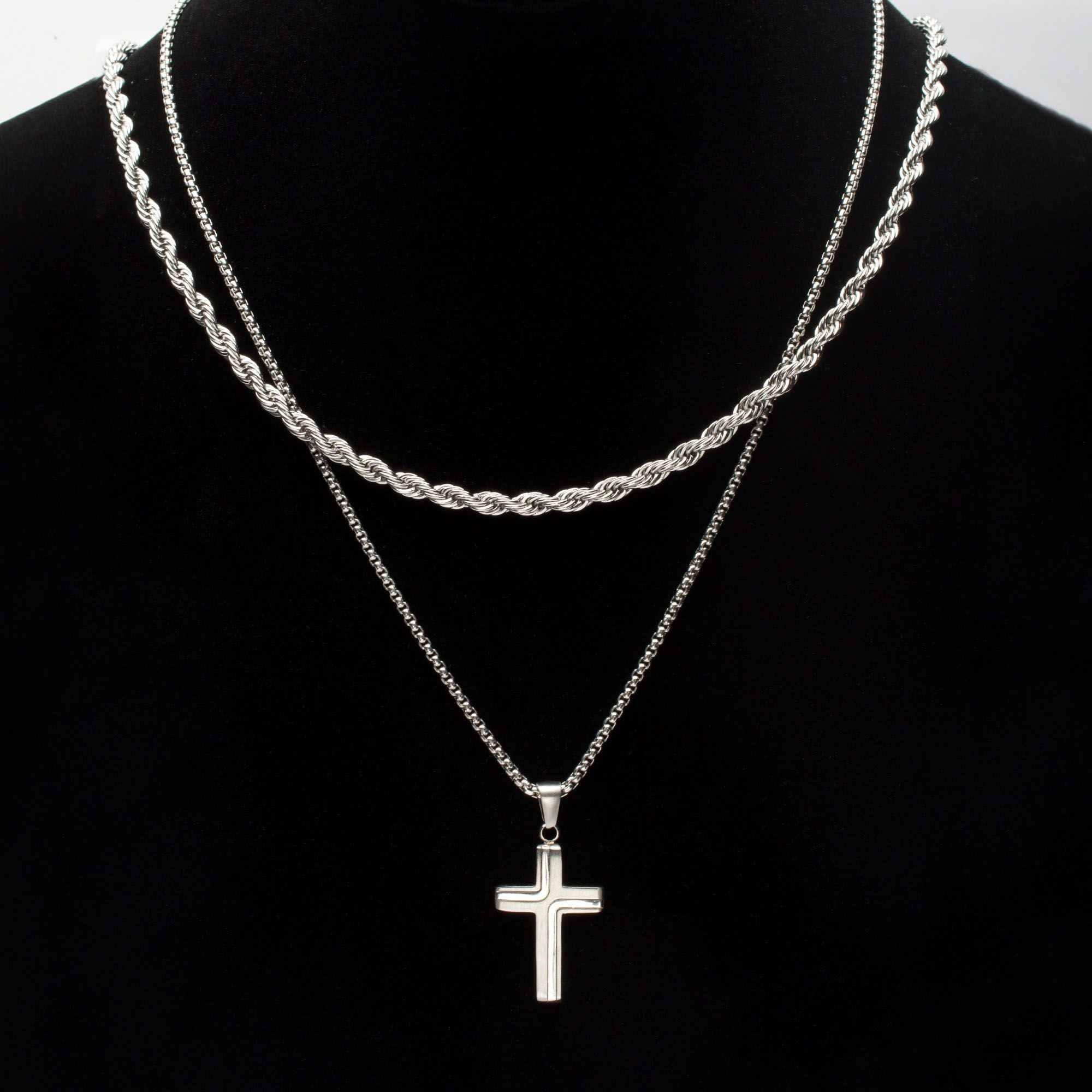 steel Cross Drop Pendant With Round Box Chain (ssp15465nk)